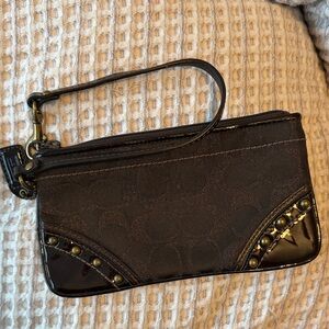 Coach Dark Brown Signature Wristlet with Studded Patent Corners